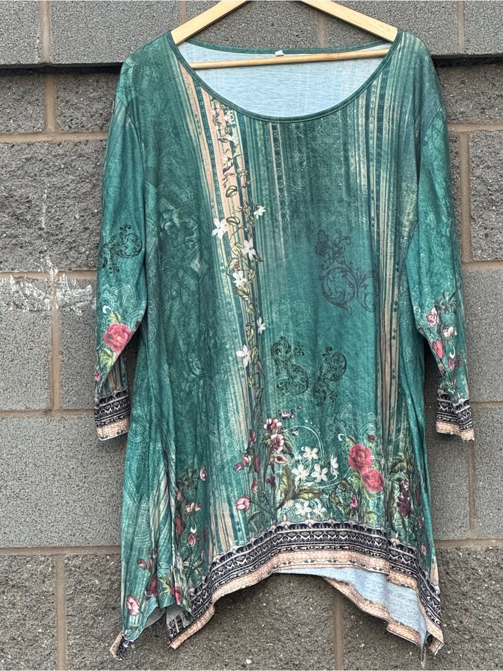 Women's Green Floral Print Asymmetric Tunic Blouse 3/4 Sleeve 3X